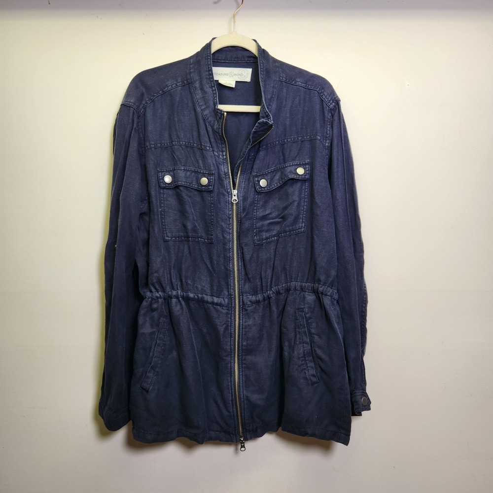 Treasure & Bond Linen Blend Utility Field Jacket L Cinch Waist Roll Tab Full Zip